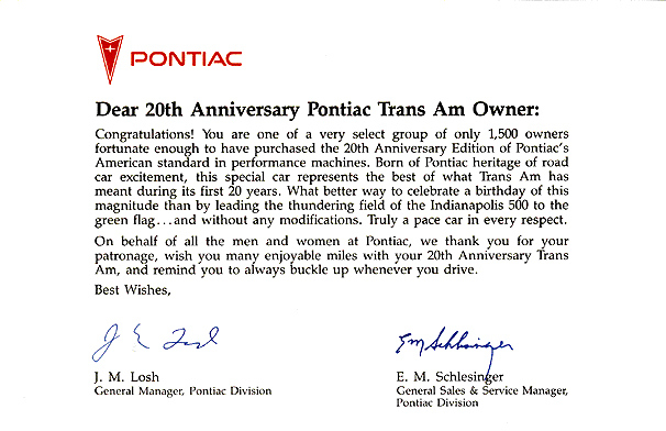 Pontiac letter of congratulations to TTA owners